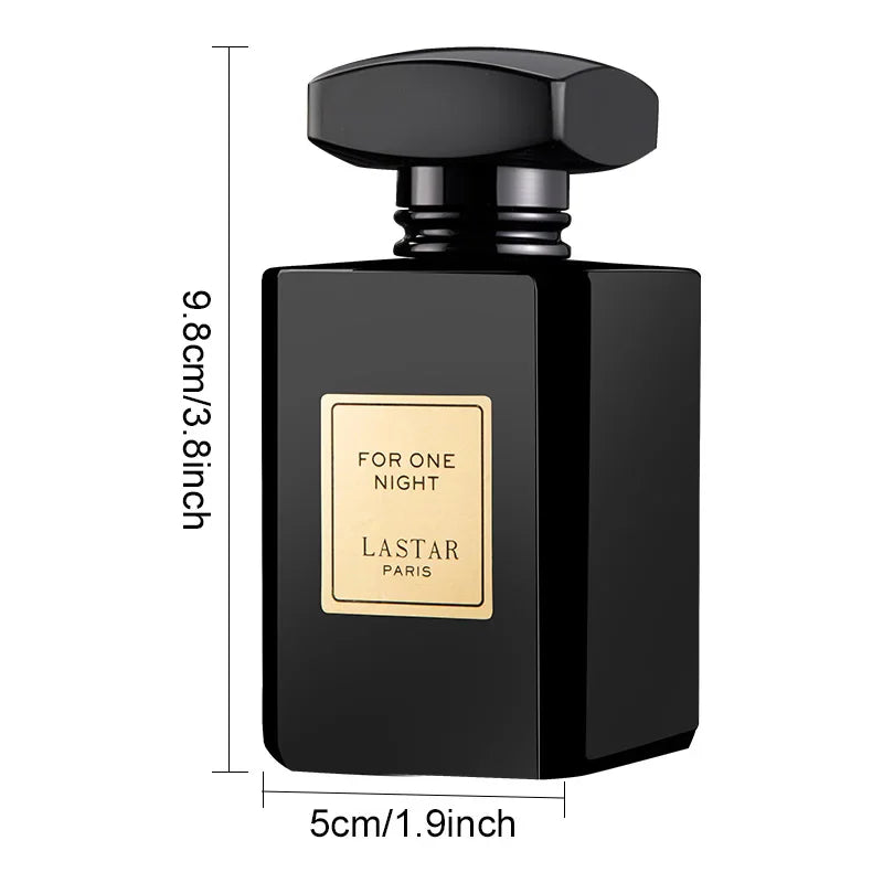 Black perfume bottle with measurement lines and dimensions indicated on the sides.