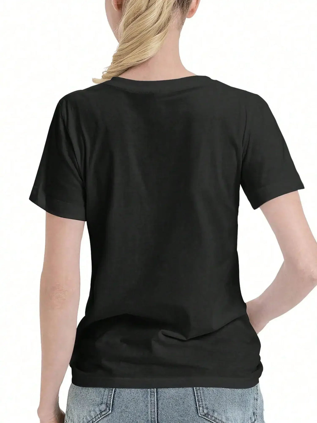The back view of a woman wearing a plain black t-shirt.