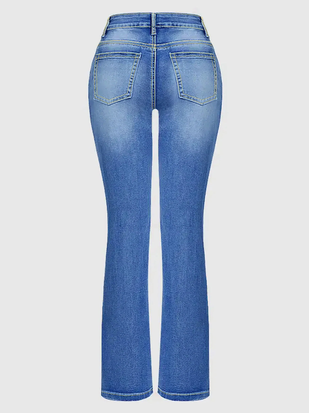 Back view of light blue high-waisted flared jeans on a neutral background.