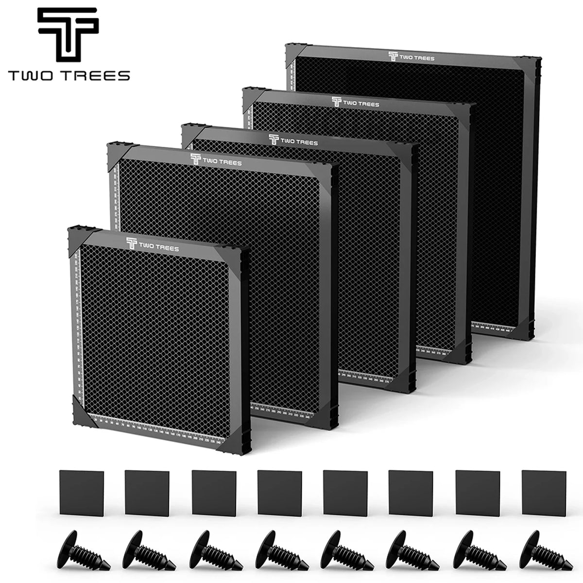 Four different sized black metal honeycomb laser bed platforms with hardware components
