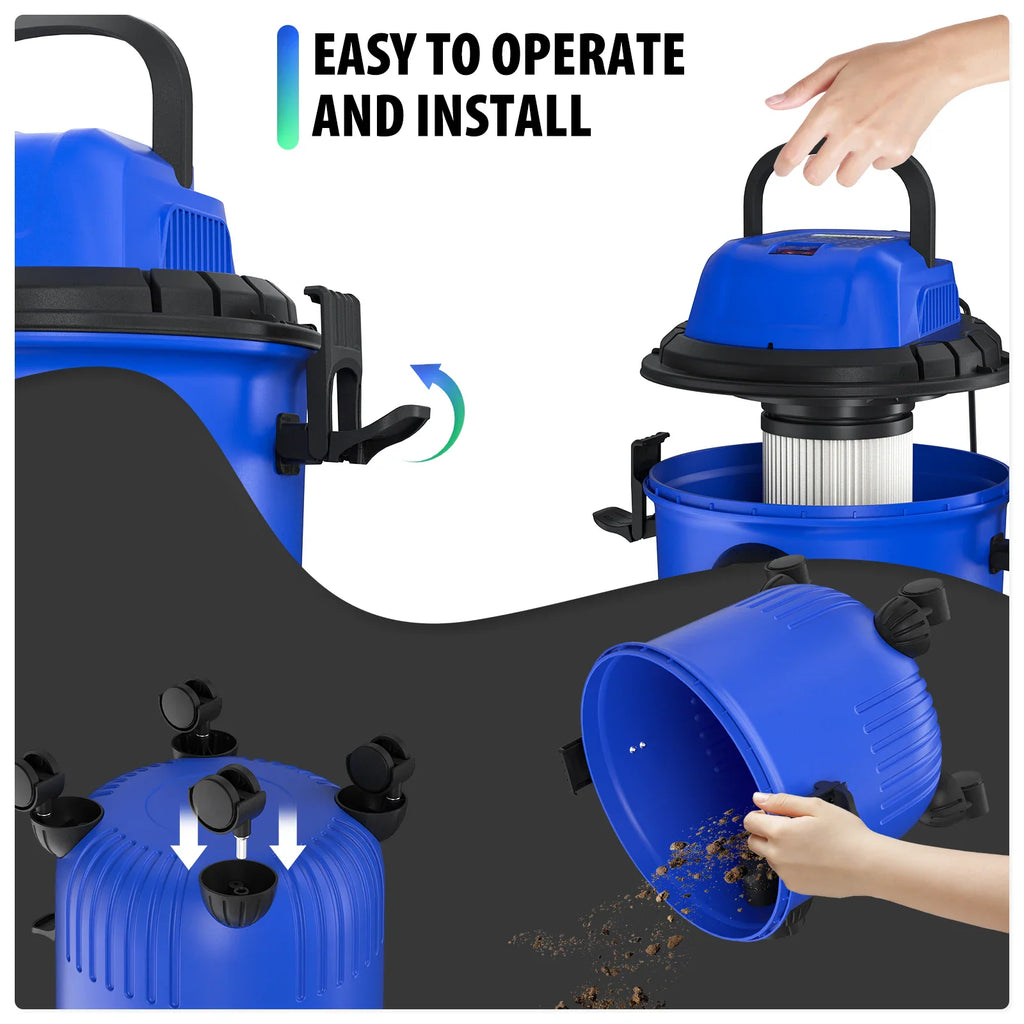 Instructions showing the operation, filter installation, and waste disposal for a blue vacuum cleaner