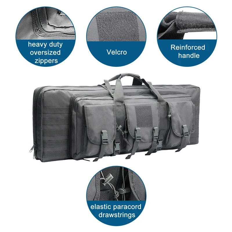 Detailed view of tactical rifle bag features including heavy-duty zippers, velcro, reinforced handles, and paracord