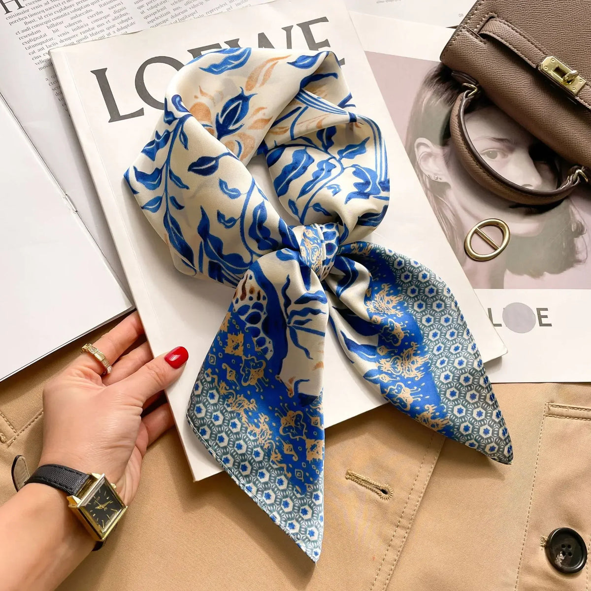 Blue and white floral print silk square scarf