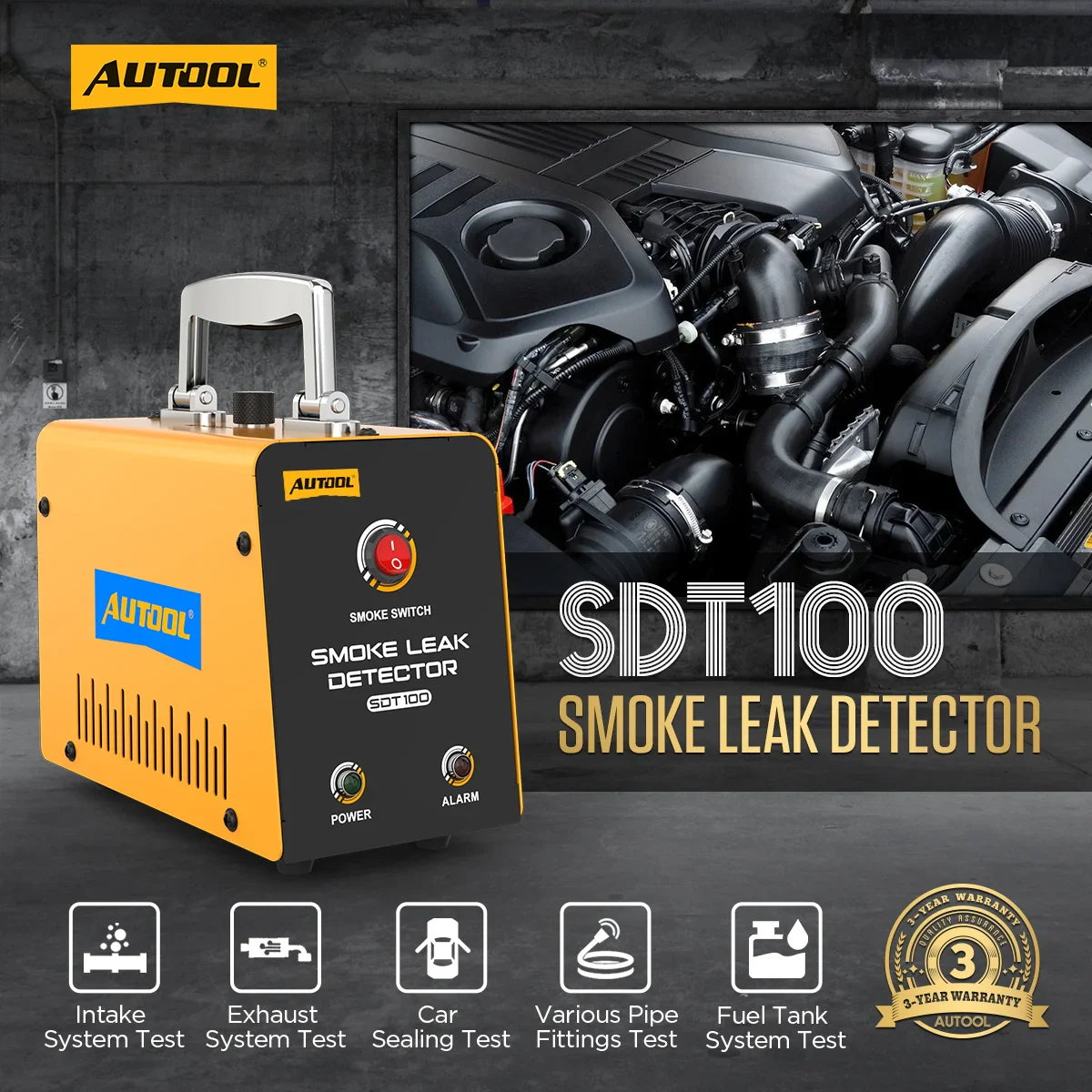 Automotive smoke leak detector machine with various testing icons and engine illustration