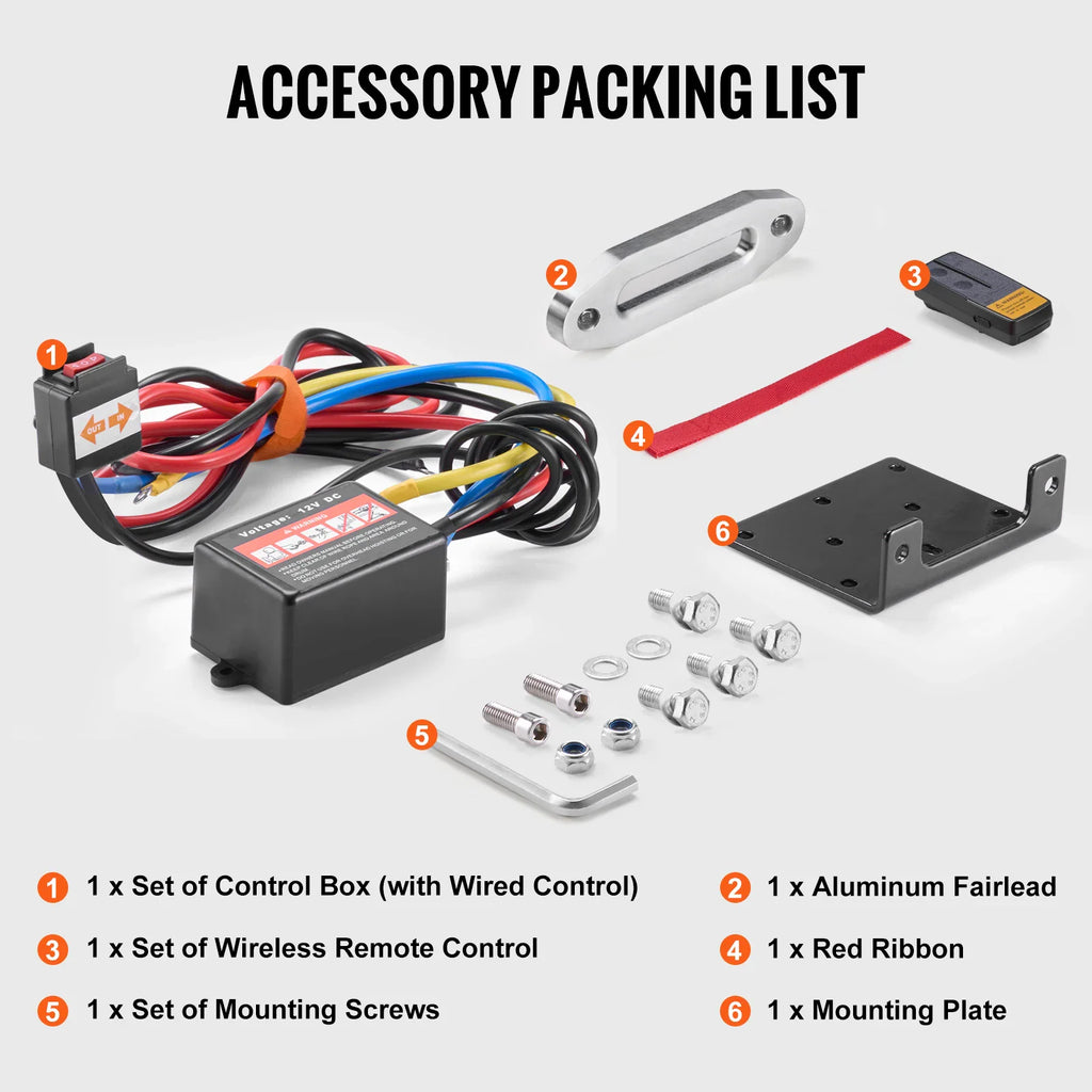Packing list of electric winch accessories including control box, fairlead, remote, mounting plate and screws