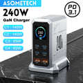 A 240W GaN desktop charger with six ports and a digital display screen