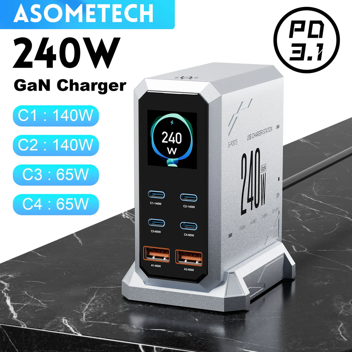 A 240W GaN desktop charger with six ports and a digital display screen