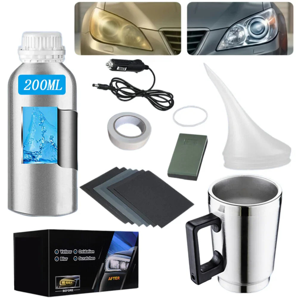 Car headlight restoration kit with atomizer cup, sanding paper, tape, and chemical fluid.