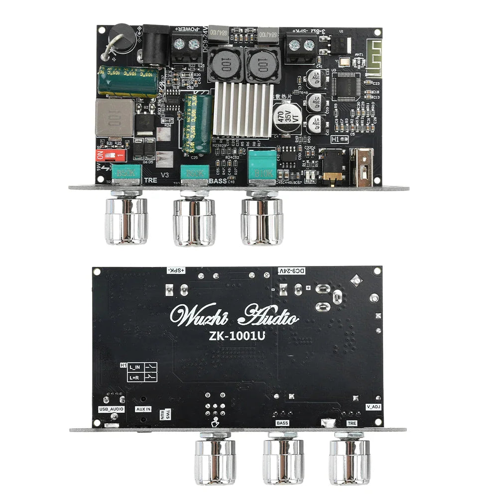 Top and bottom view of the mono Bluetooth amplifier board showing circuit components and electronic layout.