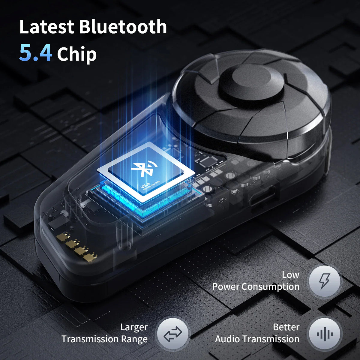 Technical diagram showing the interior bluetooth chip of a motorcycle helmet headset