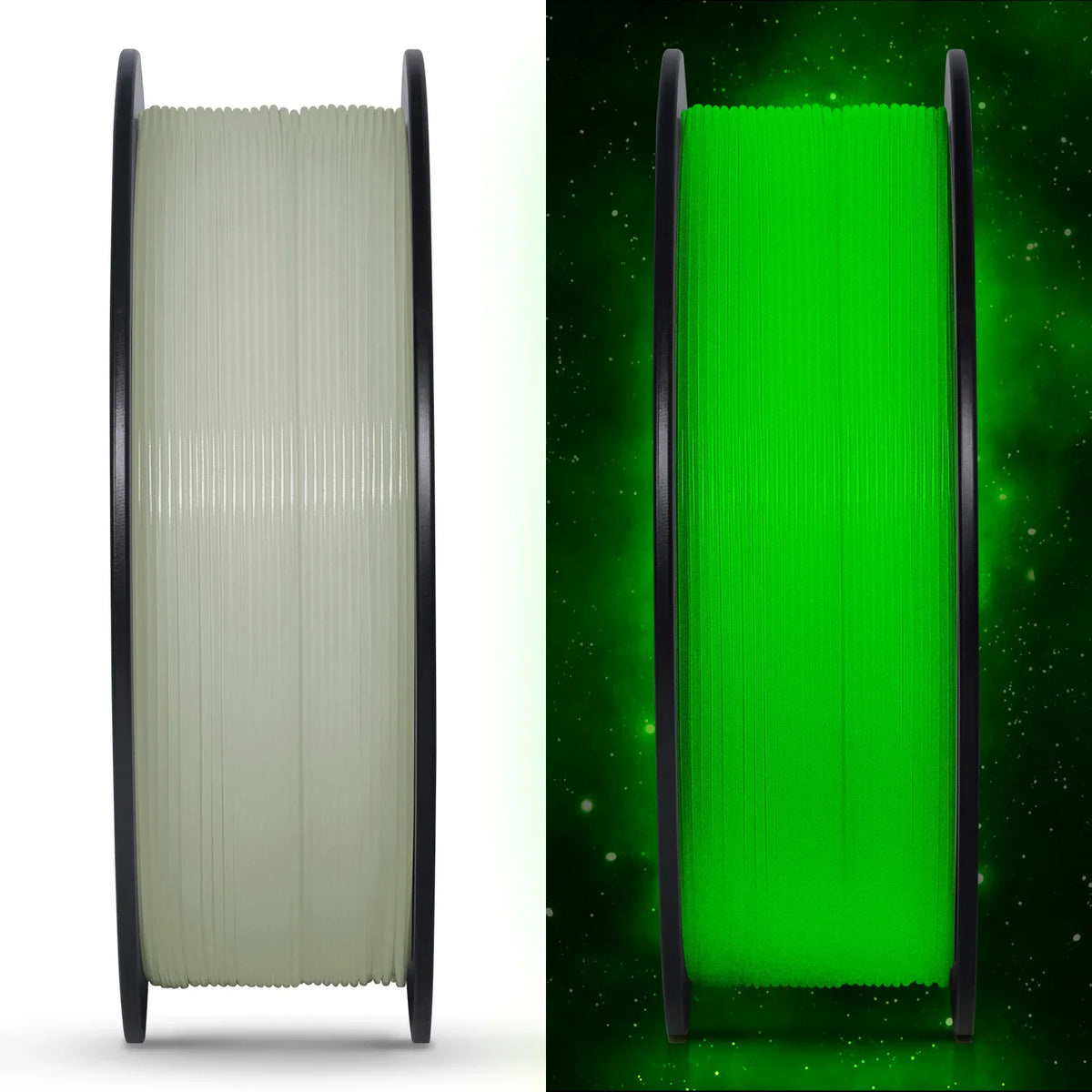 Side-by-side comparison of 3D printer filament spool in light and glowing green states