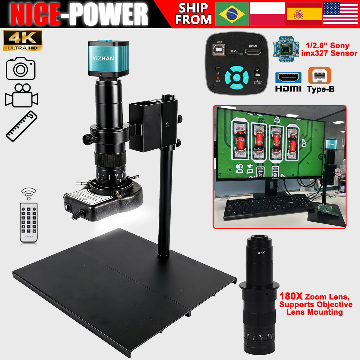 4K industrial digital microscope with stand, zoom lens, LED light, and remote control