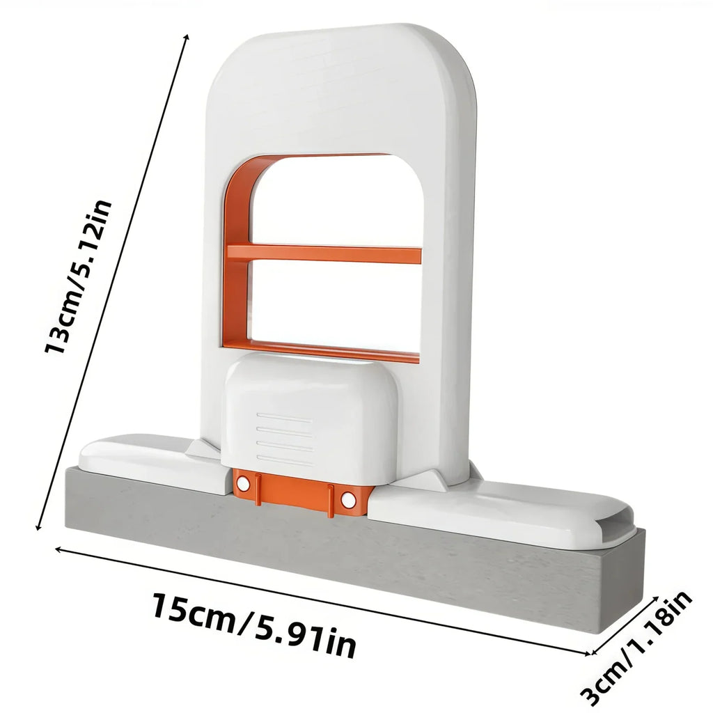 A handheld sponge mop with product dimensions displayed