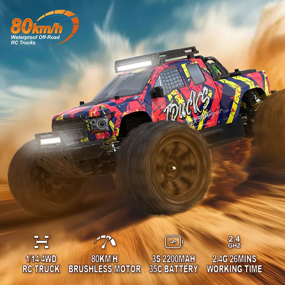 Red remote control monster truck driving through dirt at high speed