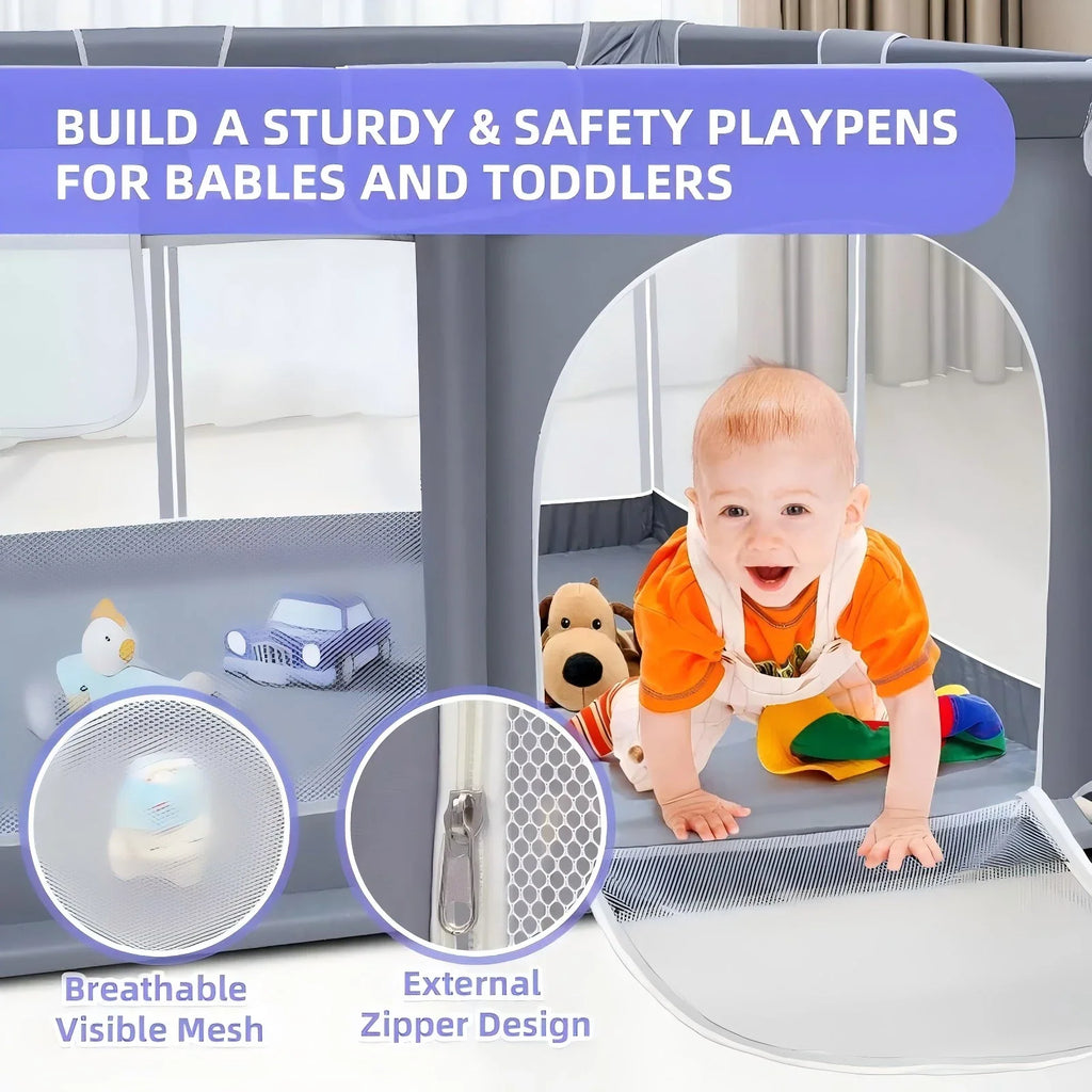 Details of a grey mesh baby playpen including breathable walls, external zipper design, and a baby crawling inside