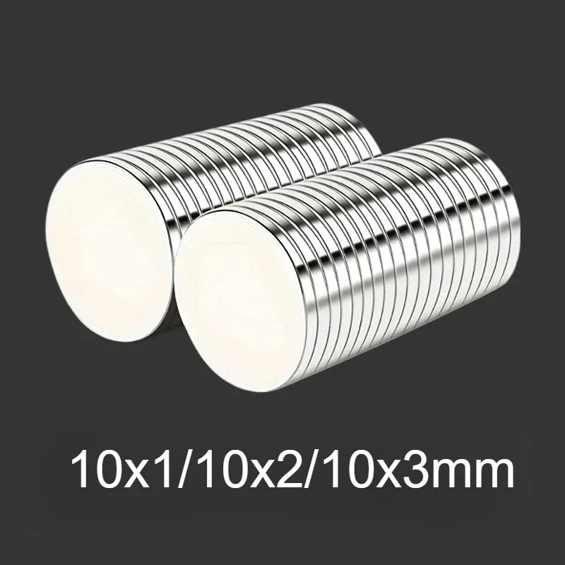 Small round silver neodymium magnets with dimensions in millimeters