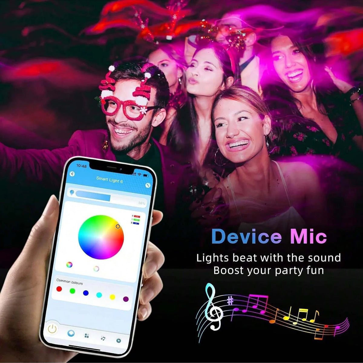 People enjoying a party in a dimly lit room with colourful ambient lighting from LED strips.