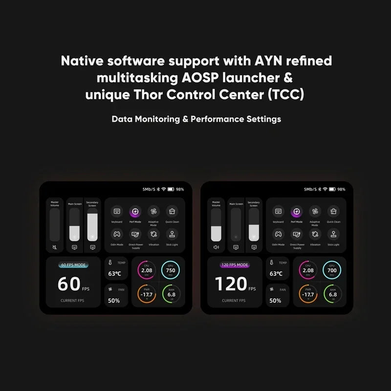 Two game console control center settings screens showing data monitoring and performance settings