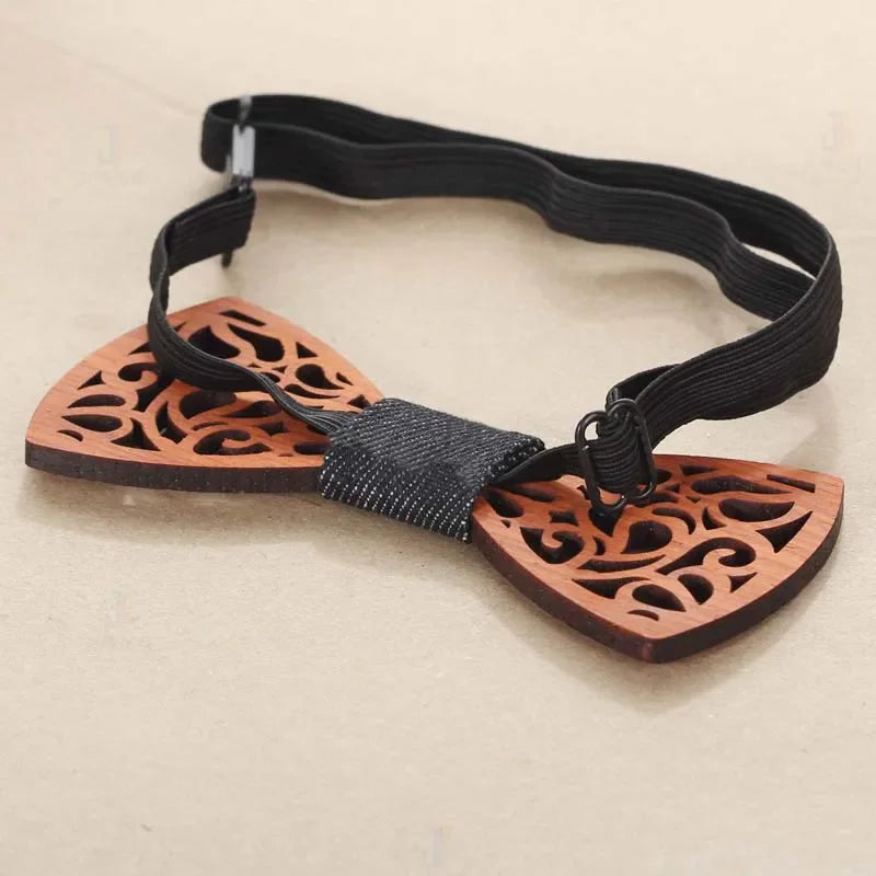 Wooden filigree bow tie with adjustable black elastic strap