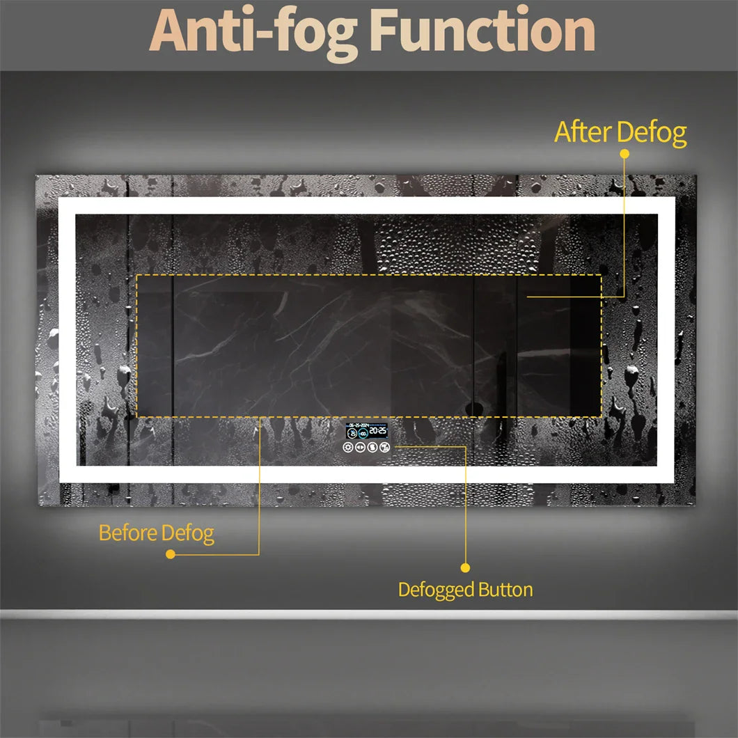 Smart bathroom mirror with LED light frame demonstrating the anti-fog function before and after