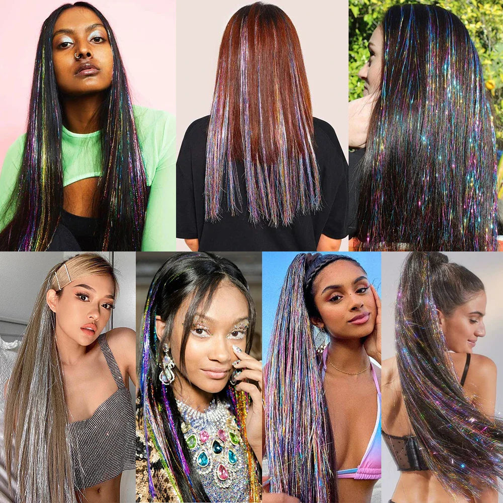 Collection of models showing various hairstyles featuring rainbow sparkling hair tinsel