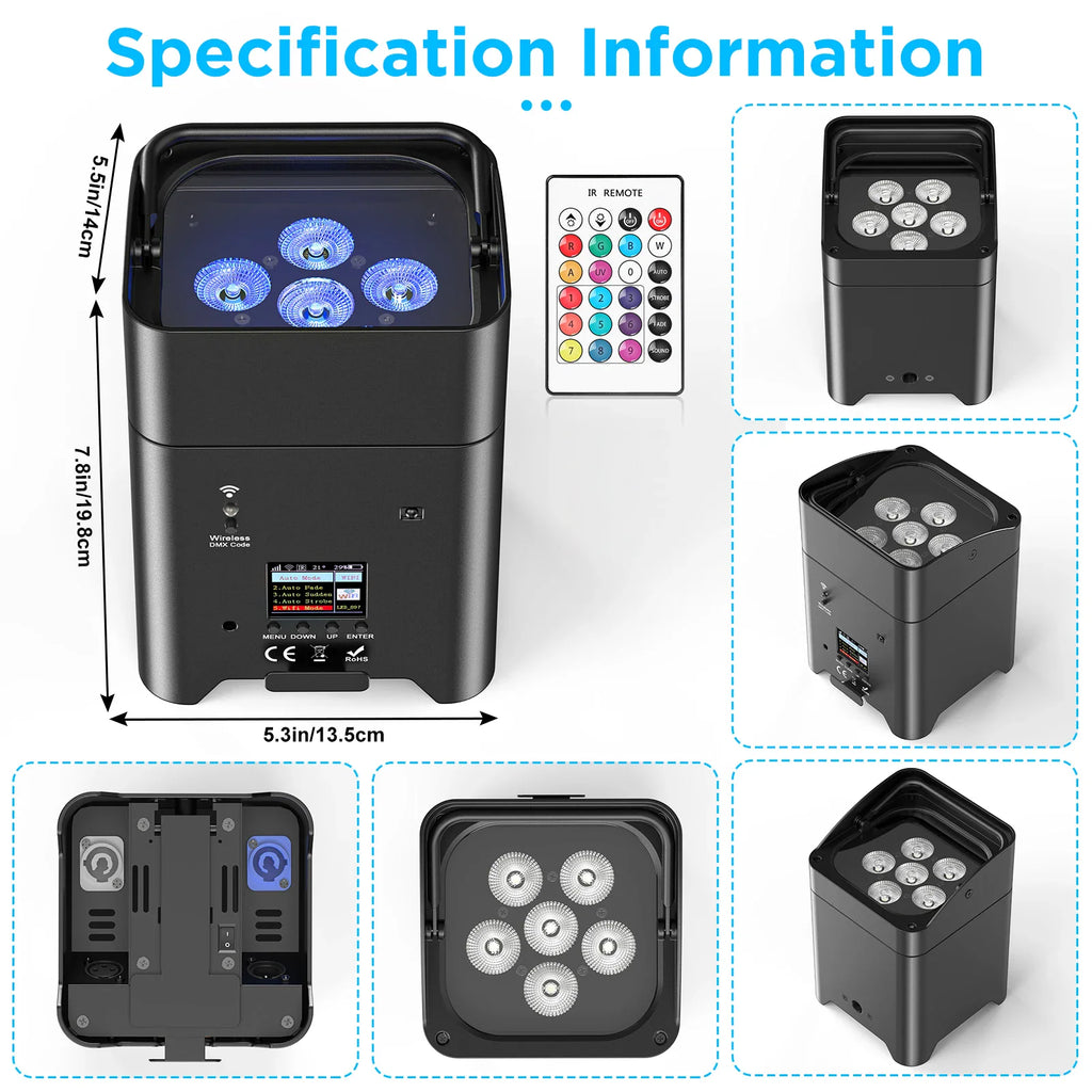 Technical specification information and dimensions for a wireless 6-in-1 LED stage light with remote control