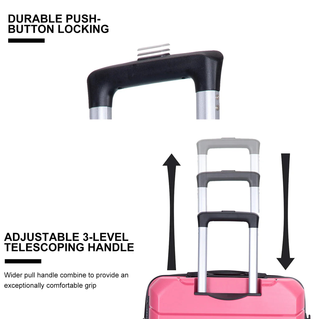 Close-up of a pink suitcase's adjustable telescoping handle showing its three-level height mechanism.