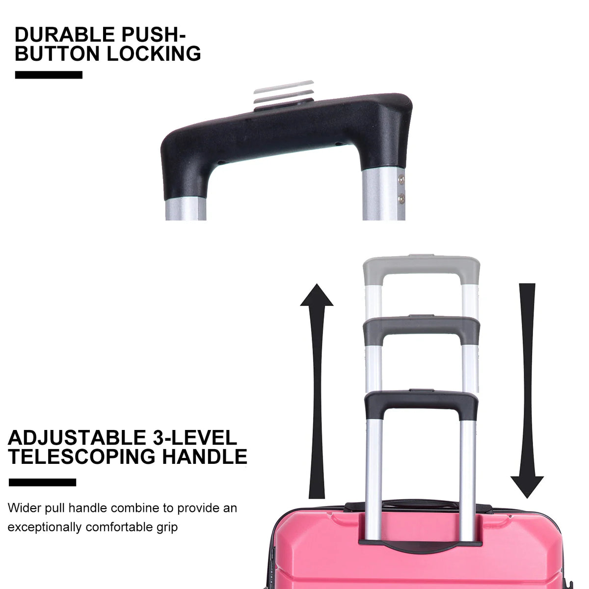 Close-up of a pink suitcase's adjustable telescoping handle showing its three-level height mechanism.