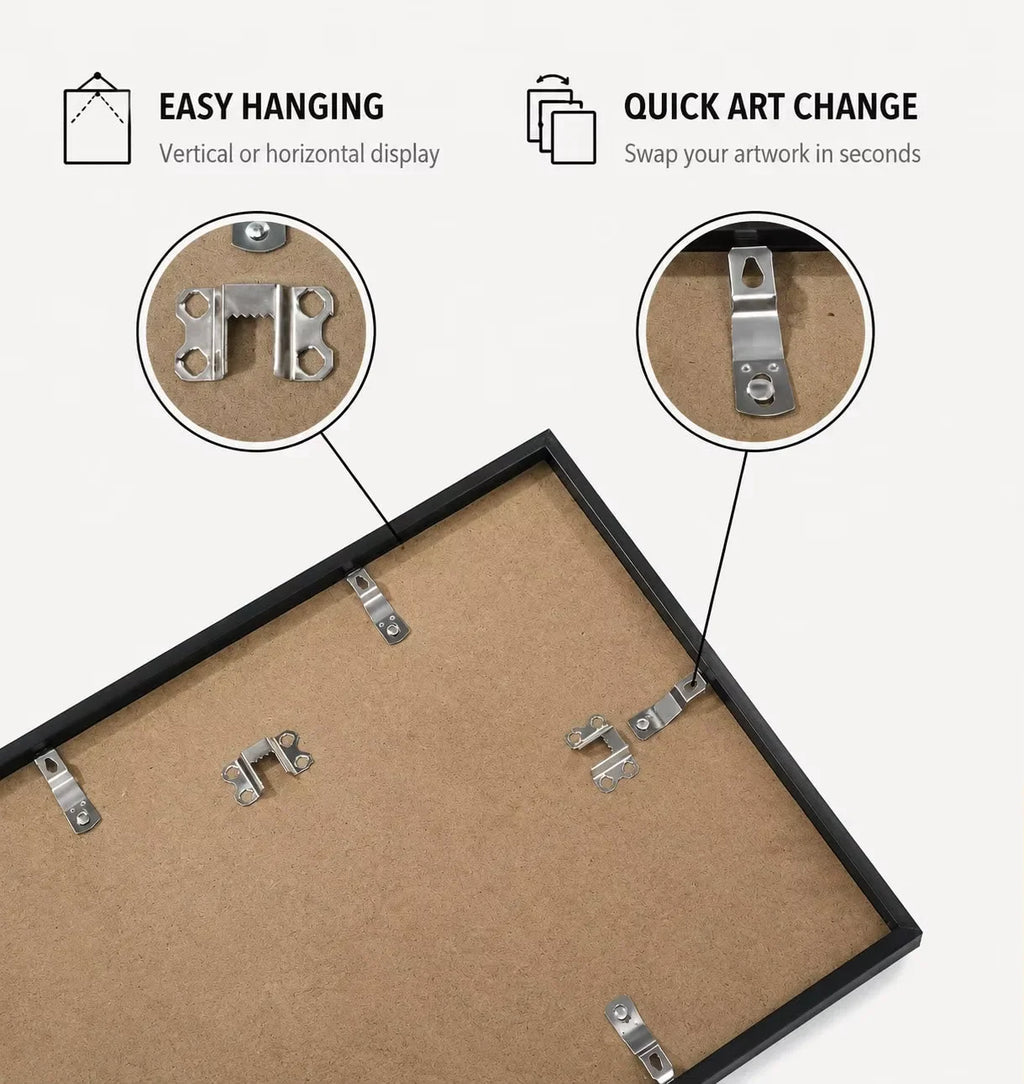Diagram showing the back of a picture frame with metal hanging hardware and clips for easy art changes.