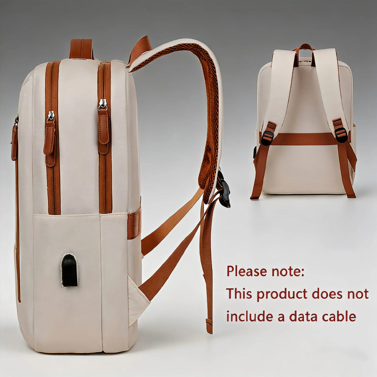 A beige laptop backpack shown from different angles with a text note regarding no data cable.