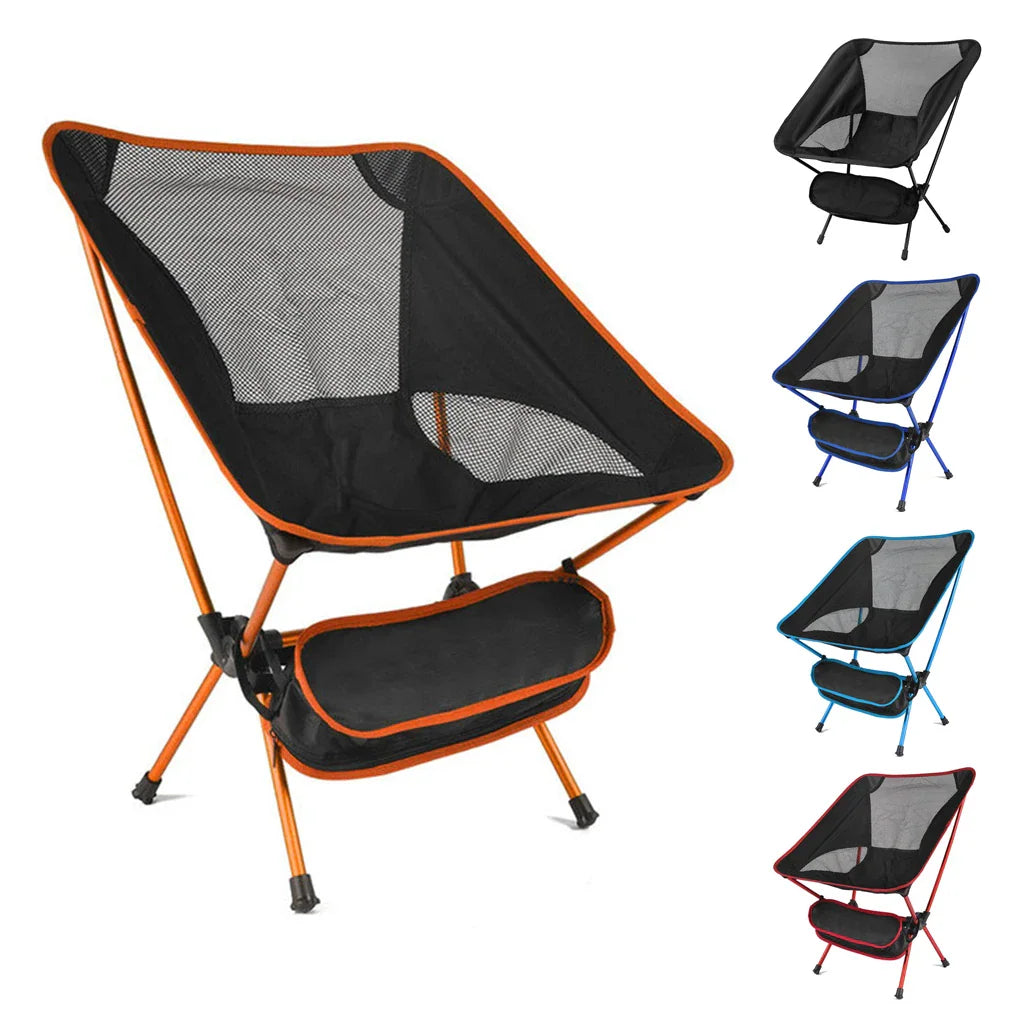 A collection of portable camping chairs with mesh fabric in orange, black, blue, light blue and red.