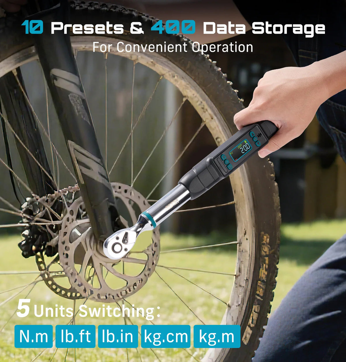 Digital torque wrench used to tighten a bicycle disc brake rotor bolt.