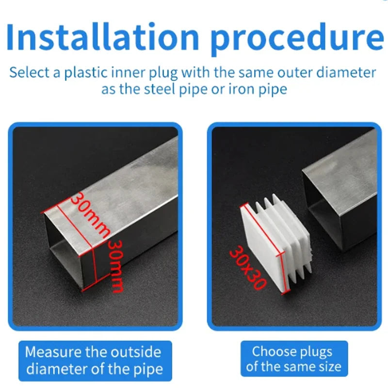 Instruction diagram showing how to measure a pipe and select the correct plastic inner plug size
