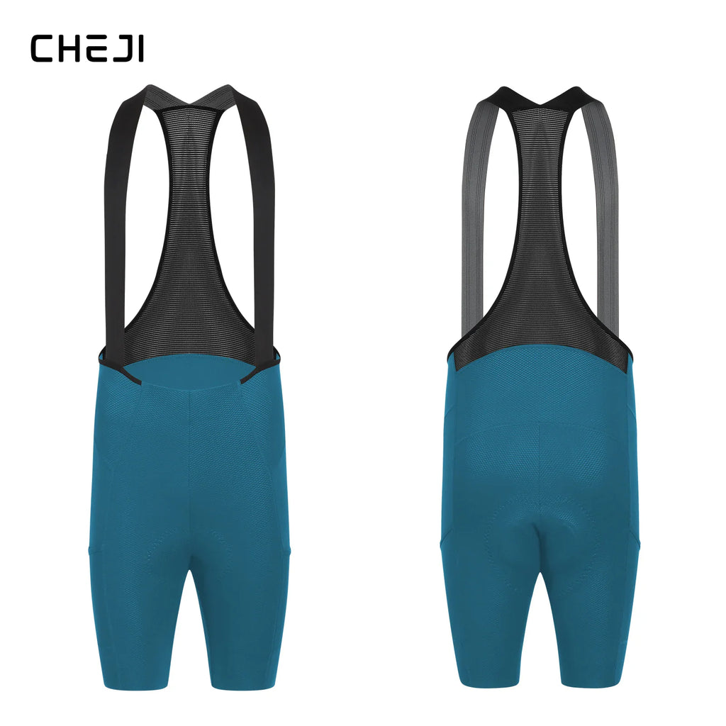 Front and back view of teal cycling bib shorts.
