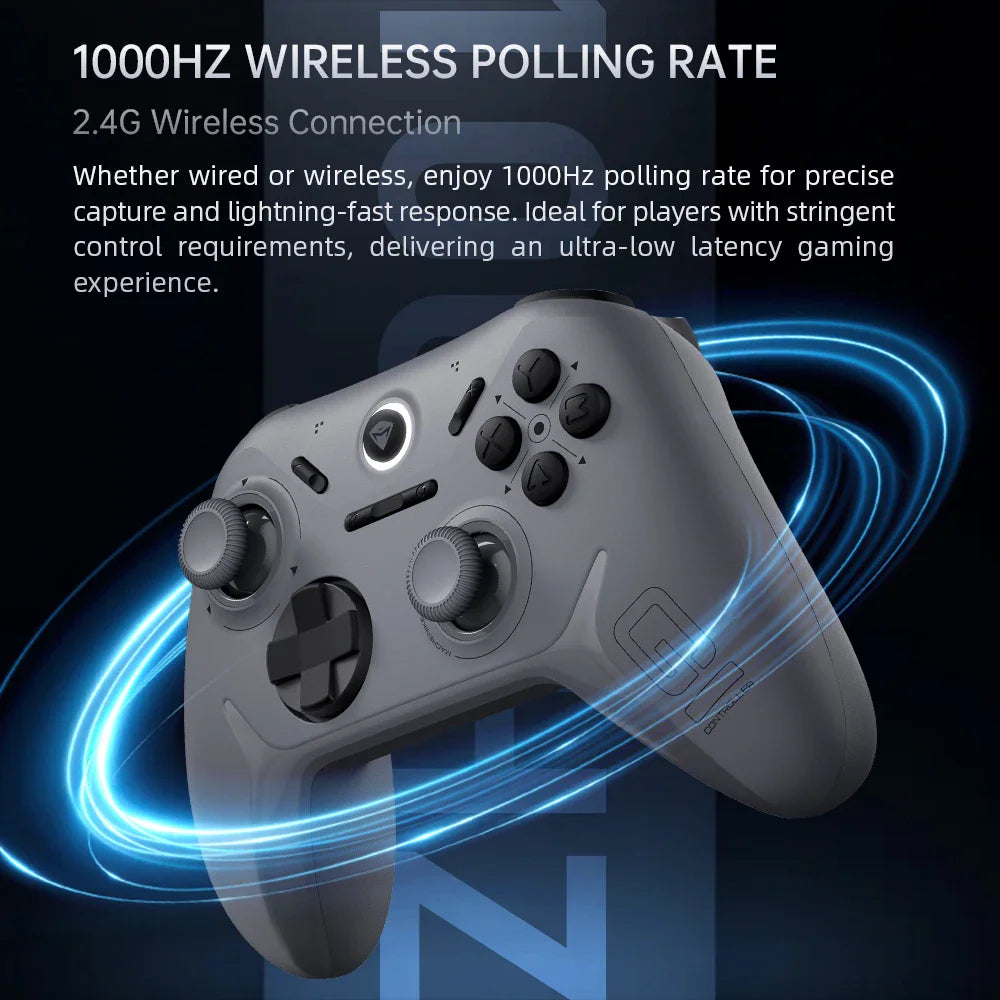 Grey wireless gaming controller with light effects highlighting 1000Hz polling rate