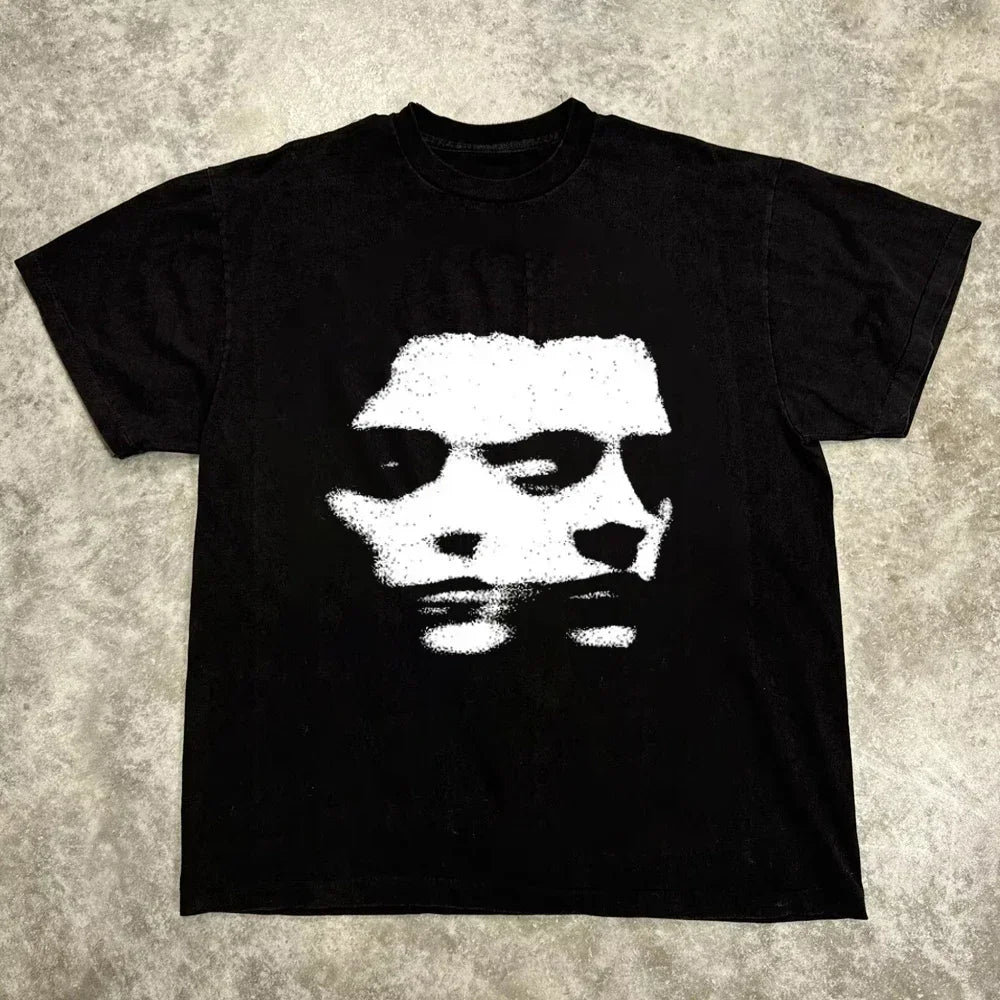 Black oversized t-shirt with a dual-face white graphic print