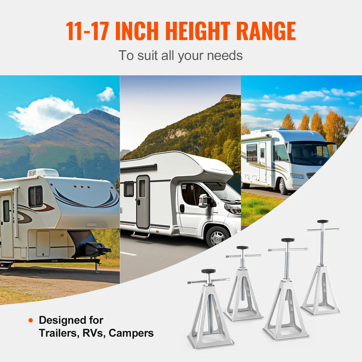 A set of stabilizer jacks shown in various outdoor camping scenarios with recreational vehicles.