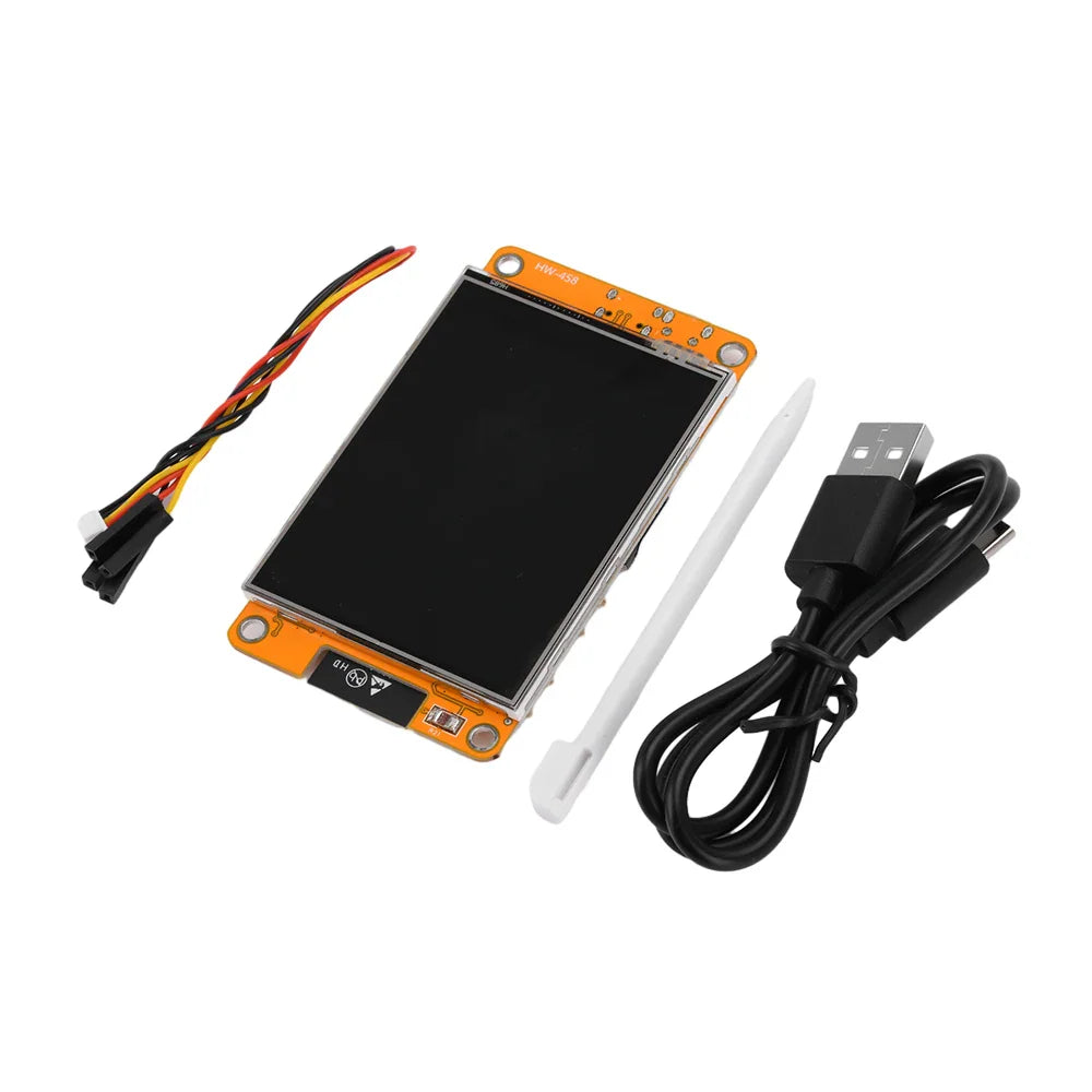 ESP32 development board with touchscreen, stylus, USB cable, and wiring harness