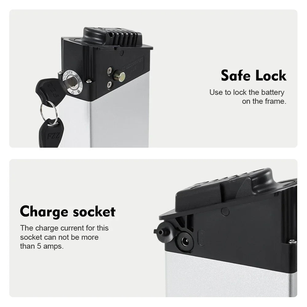 Technical features of electric bike battery including safe lock and charging socket