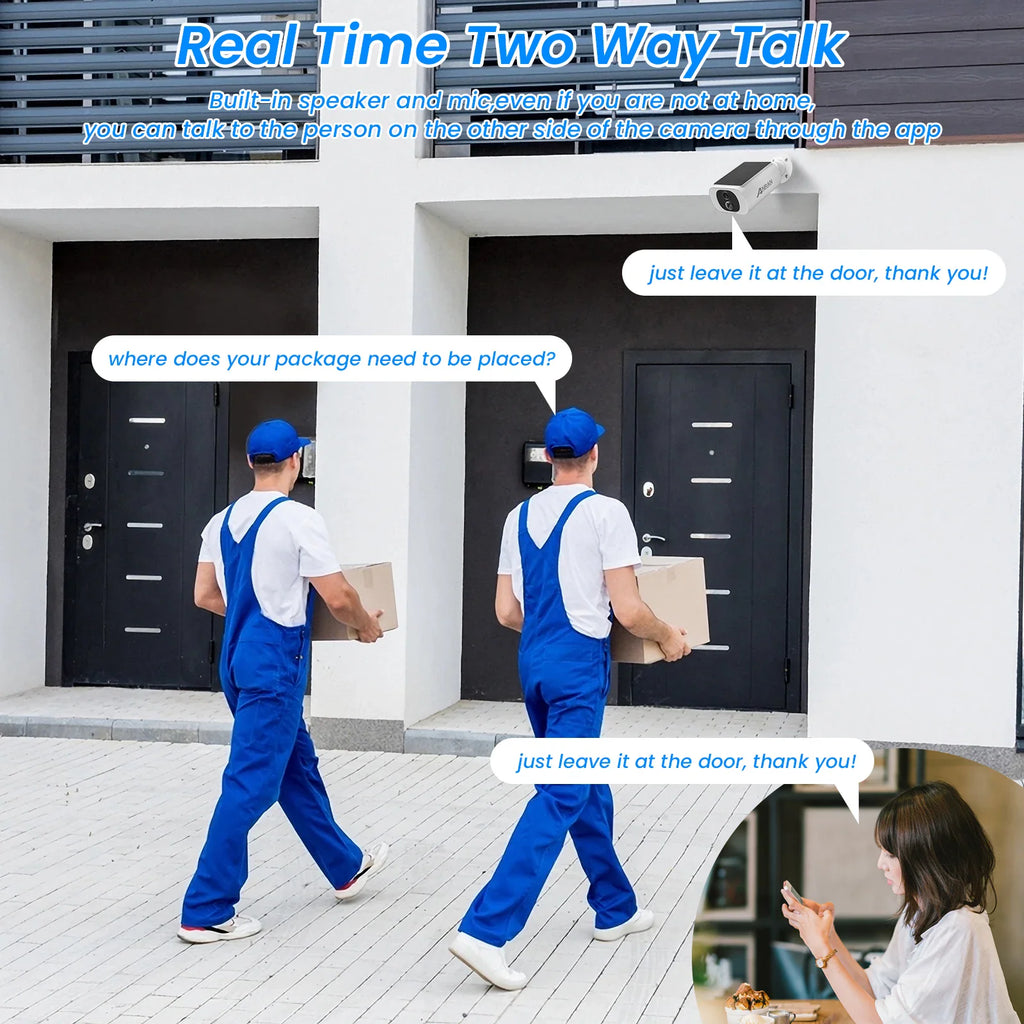 Two-way talk feature demonstration showing a delivery worker and a person using a phone app