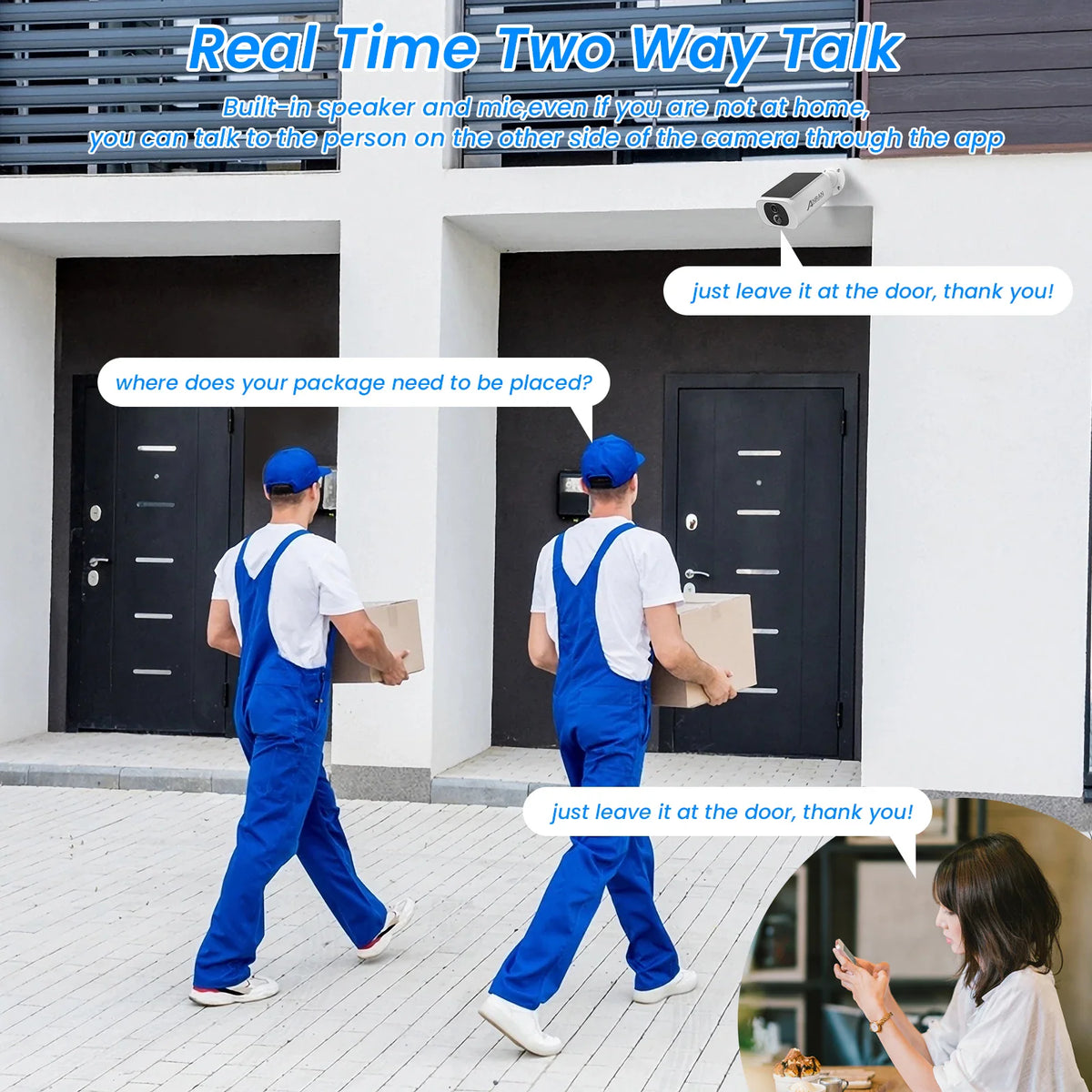 Two-way talk feature demonstration showing a delivery worker and a person using a phone app