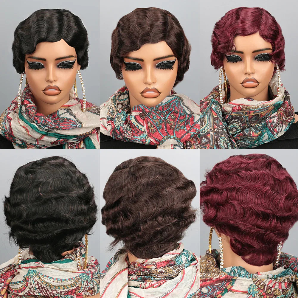 Collage showing black, brown, and burgundy short finger wave pixie cut wigs on mannequin heads.