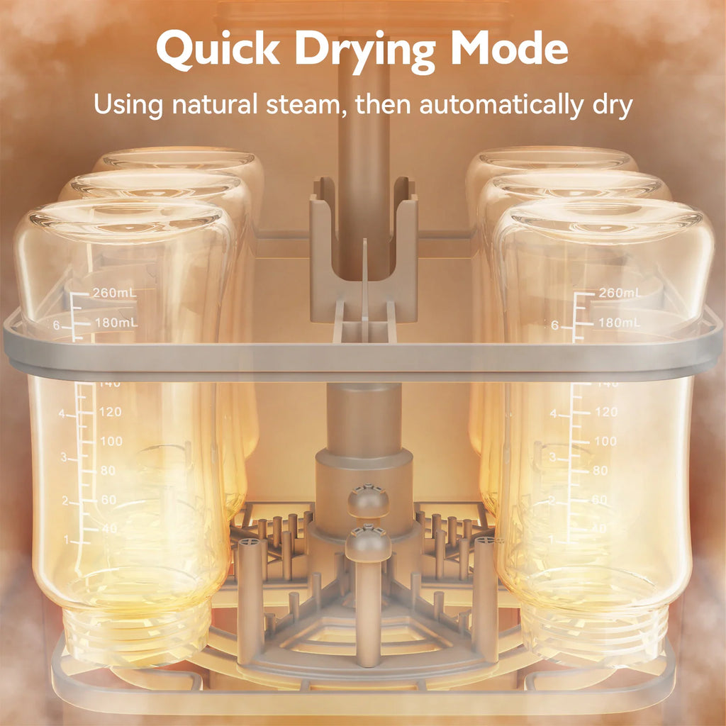 Interior of a baby bottle washer and sterilizer with bottles during the drying cycle