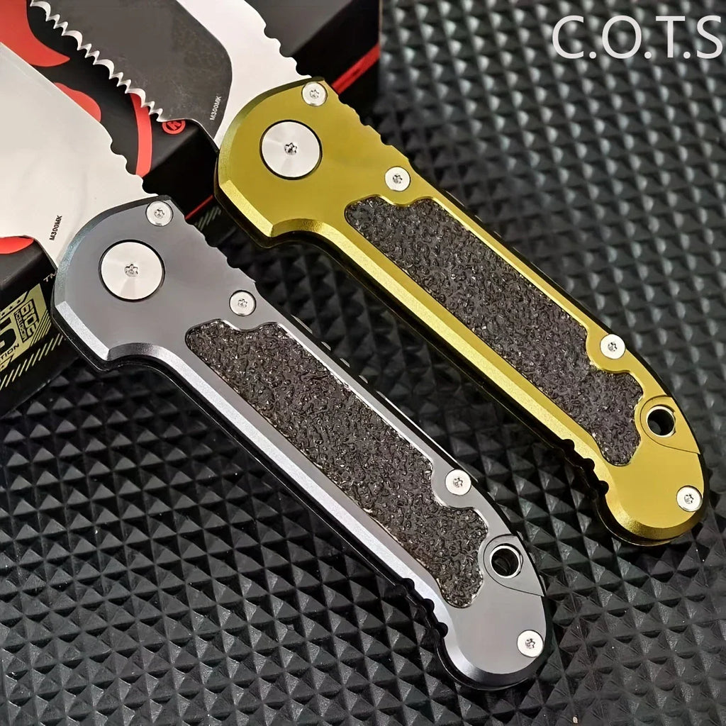 Two folding pocket knives with textured grips in olive green and grey, placed on a black grid background.