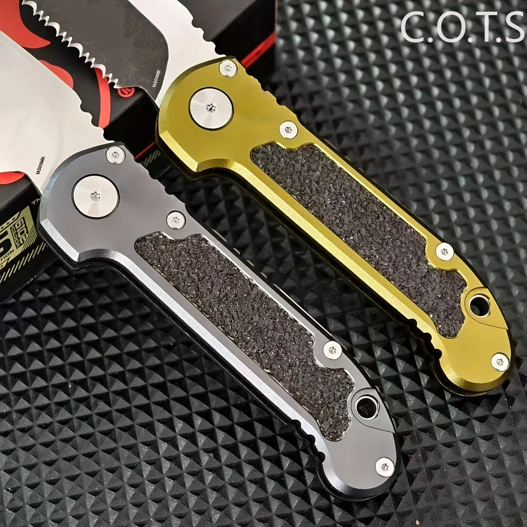 Two folding pocket knives with textured grips in olive green and grey, placed on a black grid background.