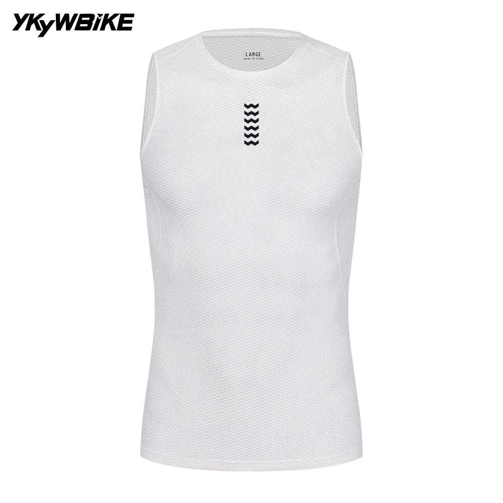 White sleeveless cycling base layer vest with a mesh fabric texture and black chevron pattern detail
