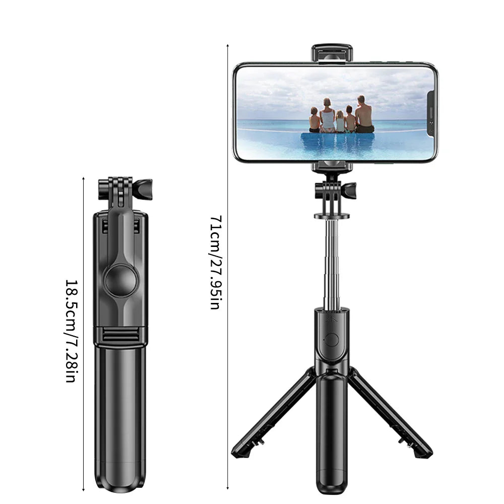 Black wireless selfie stick tripod in tripod mode with a mounted smartphone – view 6