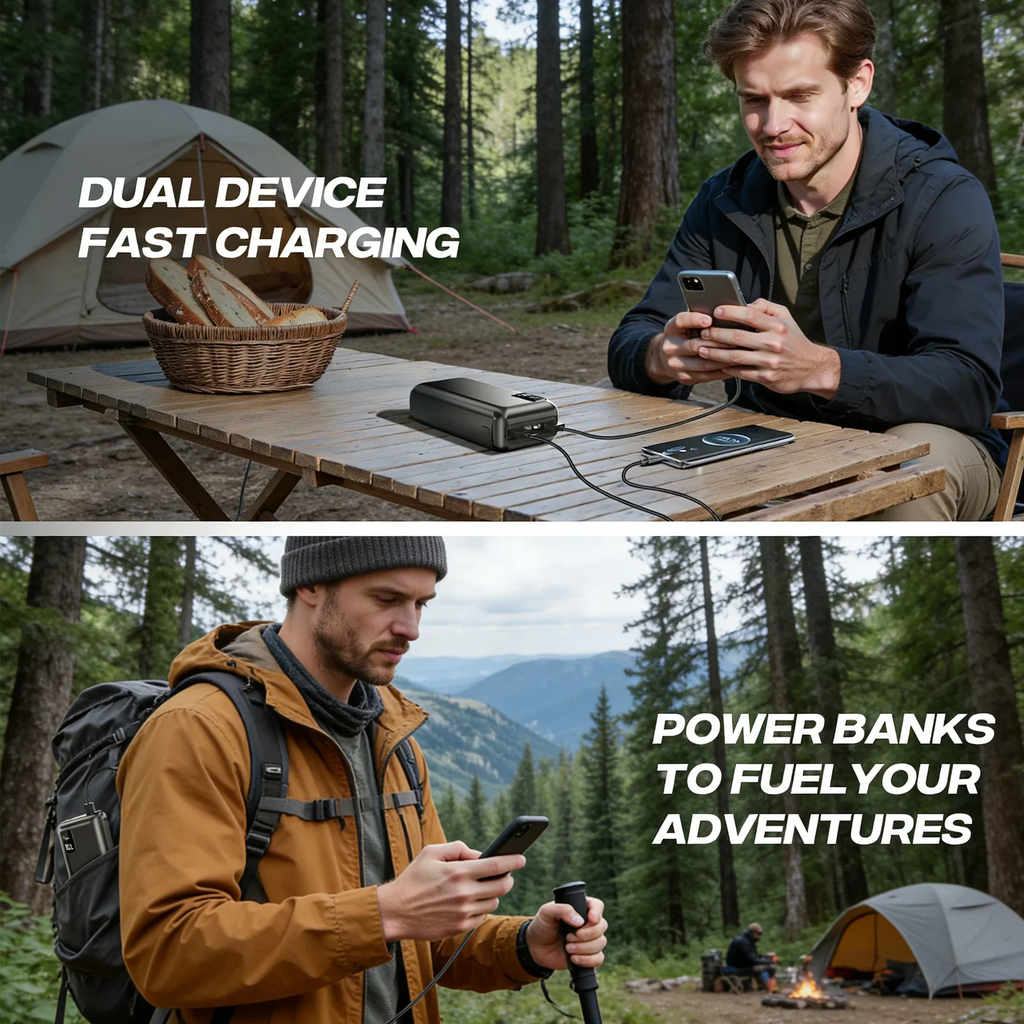 People camping and hiking using a portable power bank to charge devices