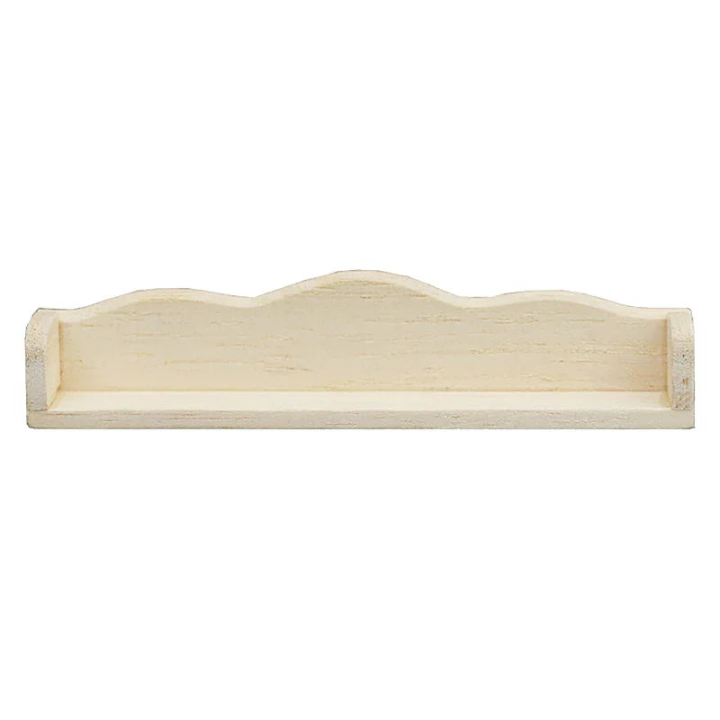 A small, light-colored wooden miniature wall shelf for a dollhouse.