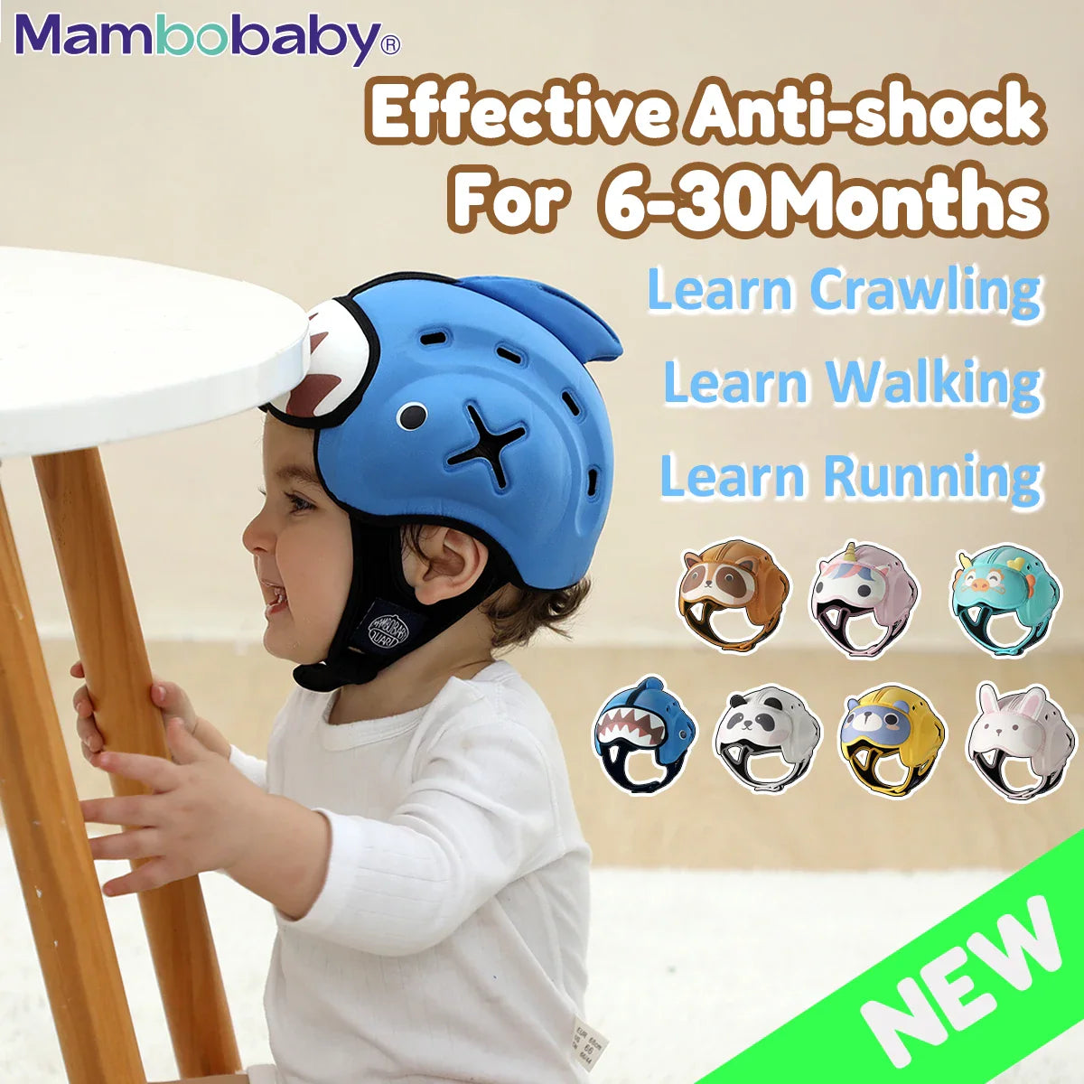 Protective baby helmet with shark design, multiple color variants shown for infant safety